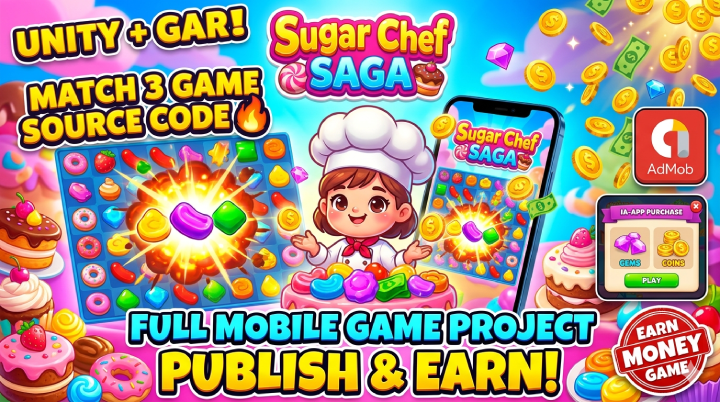 Sugar Chef Saga Match 3 Puzzle Game with AdMob Ads & IAP Source Code